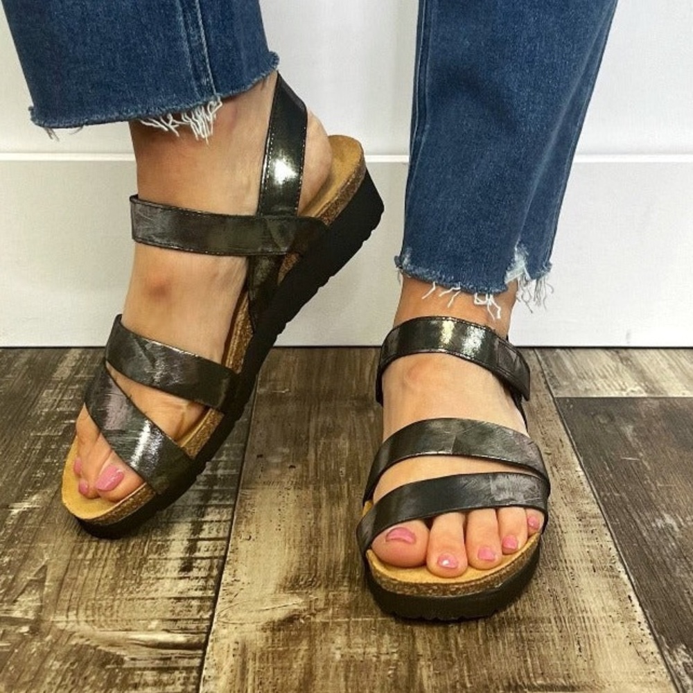 Naot Metallic Charcoal Strappy Cork Wedge Sandals
